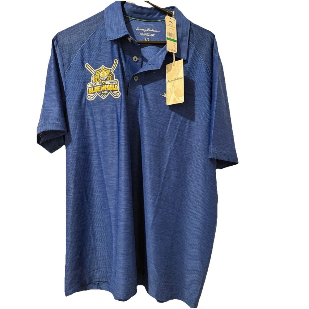 Tommy Bahama Island NWT Polo Shirt Jerome Bettis Blue & Gold Classic Size L $115